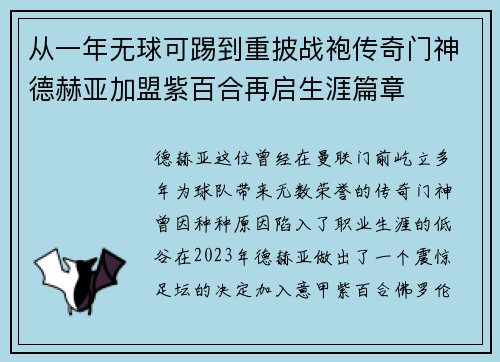 从一年无球可踢到重披战袍传奇门神德赫亚加盟紫百合再启生涯篇章