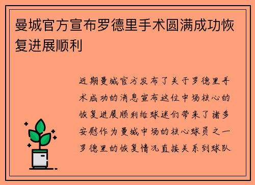 曼城官方宣布罗德里手术圆满成功恢复进展顺利 曼城官方宣布罗德里手术圆满成功恢复进展顺利