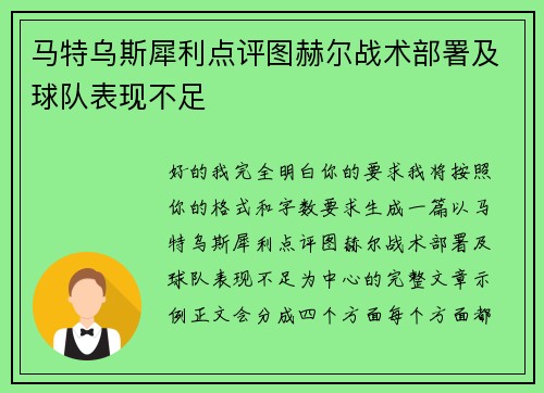 马特乌斯犀利点评图赫尔战术部署及球队表现不足