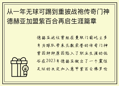 从一年无球可踢到重披战袍传奇门神德赫亚加盟紫百合再启生涯篇章 从一年无球可踢到重披战袍传奇门神德赫亚加盟紫百合再启生涯篇章